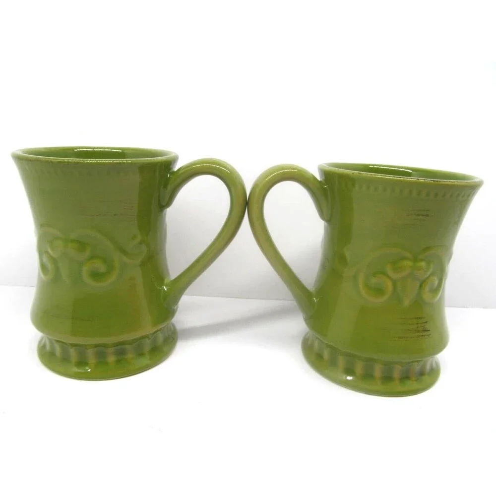 Demdaco Sapore 2004 Deb Hrabik  Hand Painted Green Mugs Set of 2
